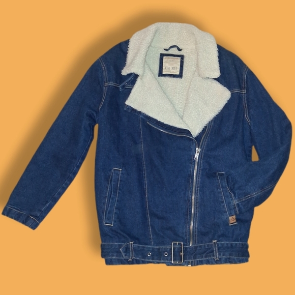 PULL&BEAR Denim Moto Sherpa Jacket Womens Size Large - Picture 2 of 16